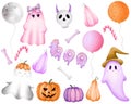 Watercolor set,Cute hand draw illustration ghosts,pumpkins,happy Halloween, background Halloween desing Royalty Free Stock Photo